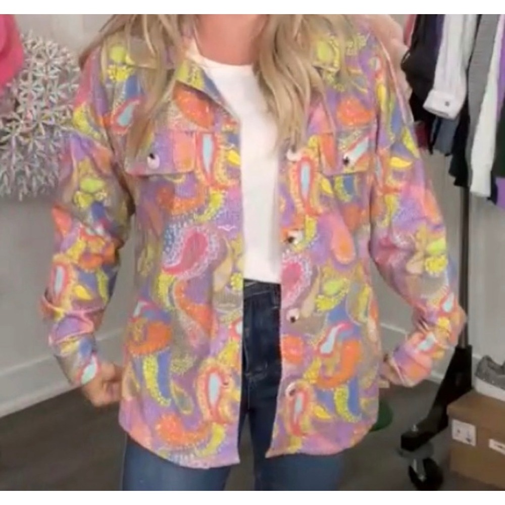Emily Wonder Womens Paisley Corduroy Shacket Multicolor Button Front Jacket M